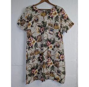 Vtg 90s Map Print Dress Travel Cruise Floral Nautical Vacation Resort Medium